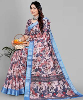 brown  linen  digital print saree  4