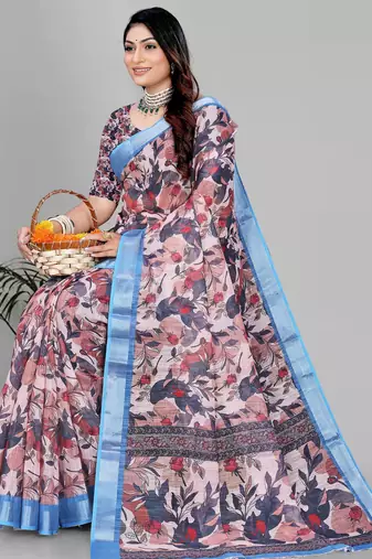brown  linen  digital print saree 