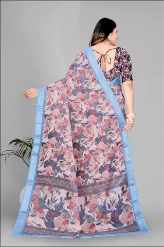 brown  linen  digital print saree 