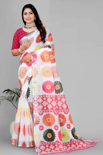 white  linen  digital print saree 