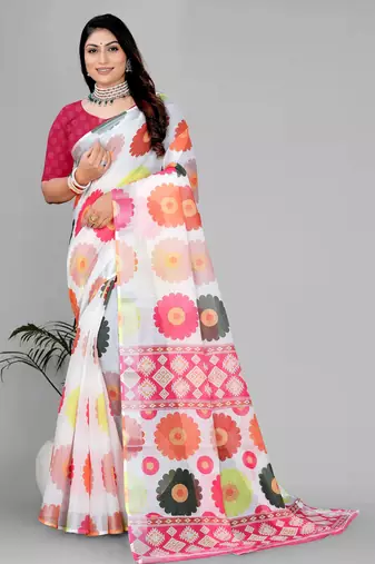 white  linen  digital print saree 