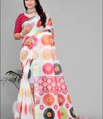 white  linen  digital print saree 