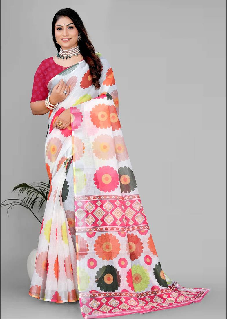 white  linen  digital print saree 