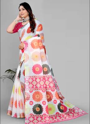 white  linen  digital print saree  3