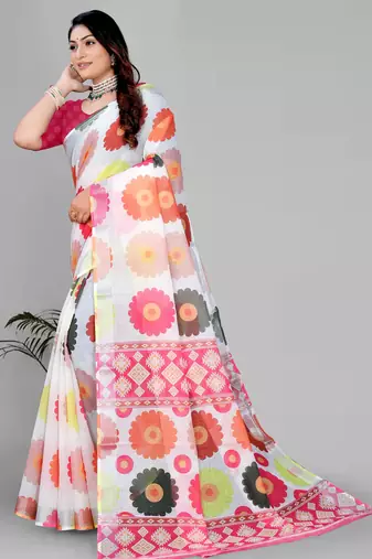 white  linen  digital print saree 