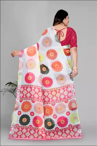 white  linen  digital print saree 