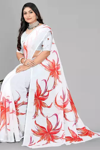white  linen  digital print saree 