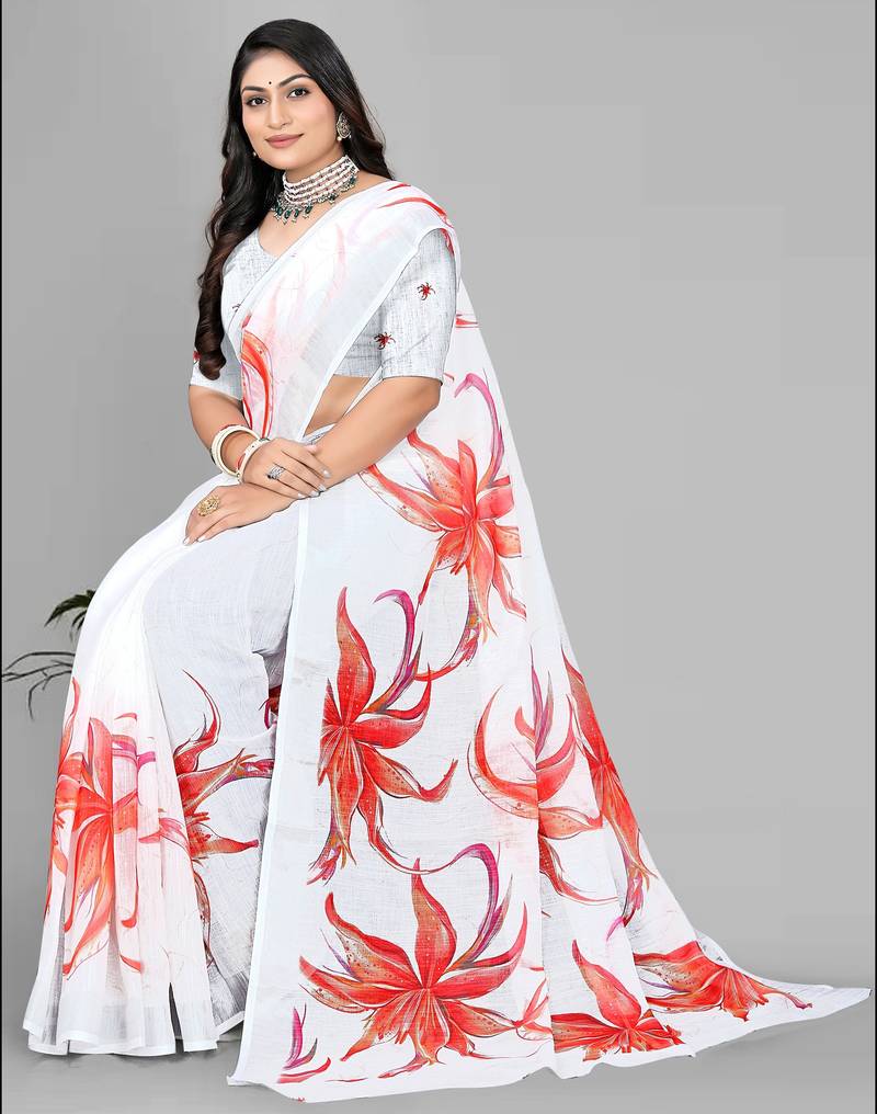white  linen  digital print saree 