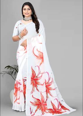 white  linen  digital print saree  3