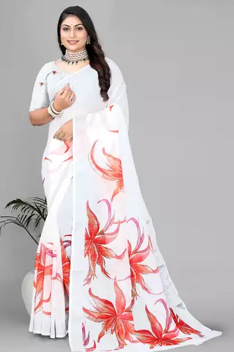 white  linen  digital print saree 