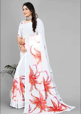 white  linen  digital print saree  4