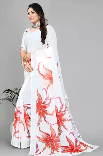 white  linen  digital print saree 
