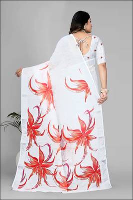 white  linen  digital print saree  5