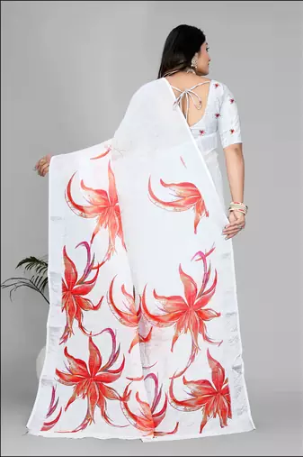 white  linen  digital print saree 