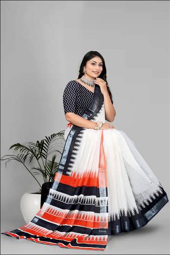 beige  linen  digital print saree 