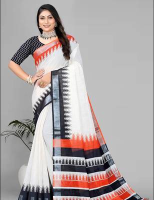 beige  linen  digital print saree  3