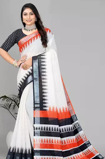 beige  linen  digital print saree 