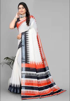 beige  linen  digital print saree  4