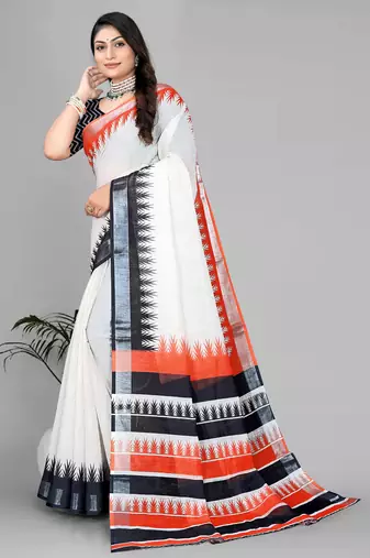 beige  linen  digital print saree 