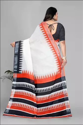 beige  linen  digital print saree 