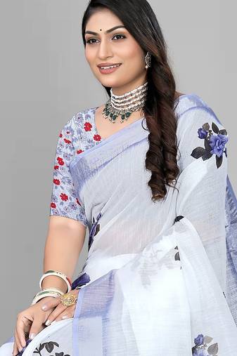 white  linen  digital print saree 