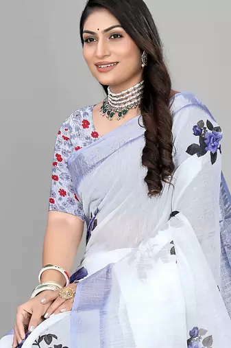 white  linen  digital print saree 