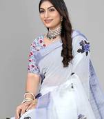 white  linen  digital print saree 
