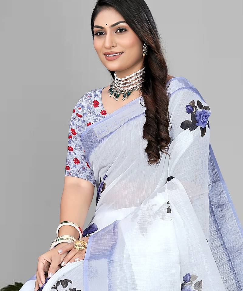 white  linen  digital print saree 