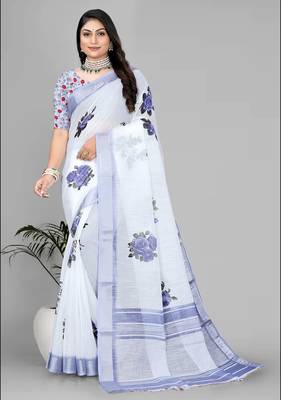 white  linen  digital print saree  3