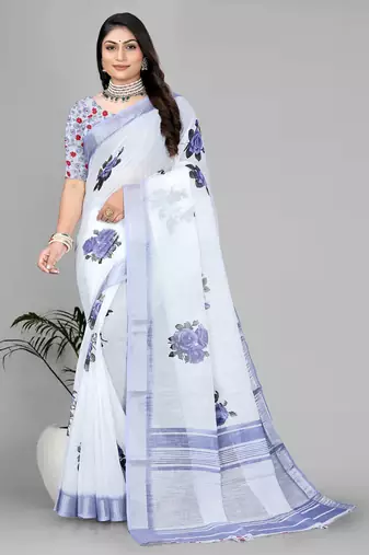 white  linen  digital print saree 