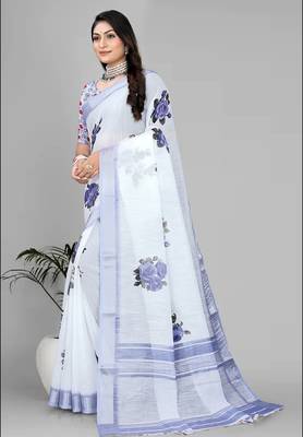 white  linen  digital print saree  4