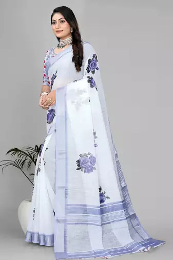 white  linen  digital print saree 