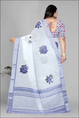 white  linen  digital print saree  5