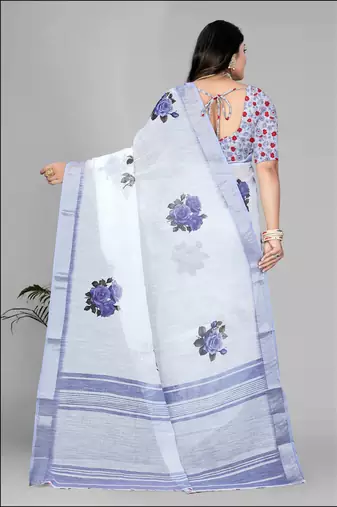white  linen  digital print saree 