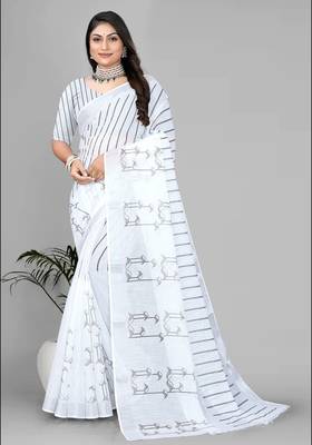 white  linen  digital print saree  1