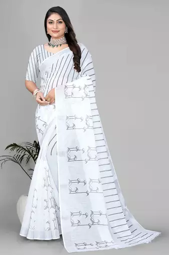 white  linen  digital print saree 