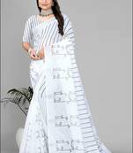 white  linen  digital print saree 