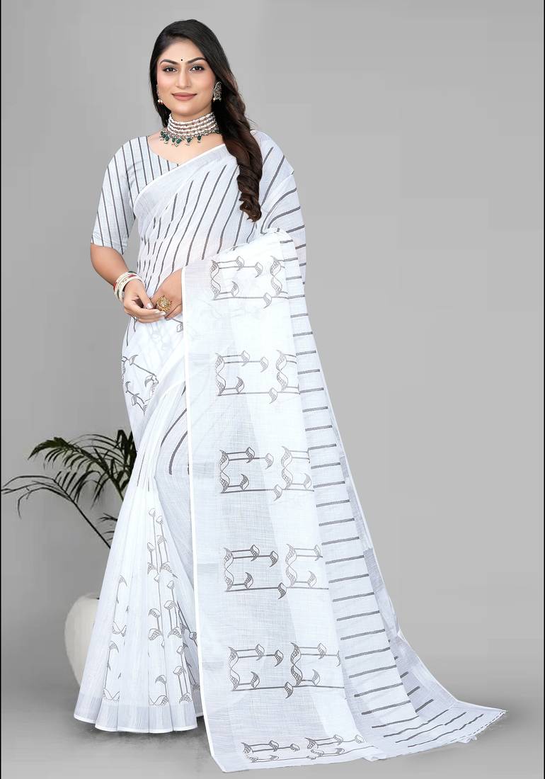 white  linen  digital print saree 