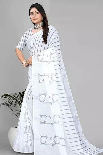 white  linen  digital print saree 