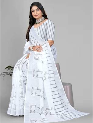 white  linen  digital print saree  4