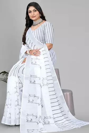 white  linen  digital print saree 
