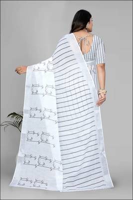 white  linen  digital print saree  5