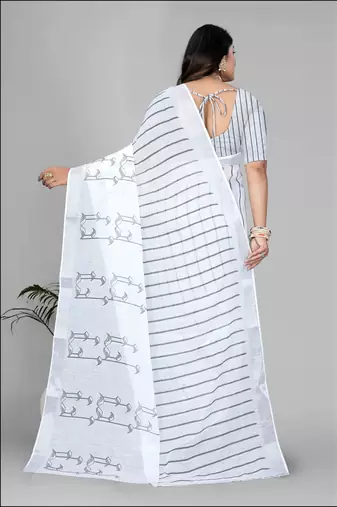 white  linen  digital print saree 