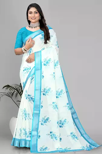 white floral linen cotton digital print saree