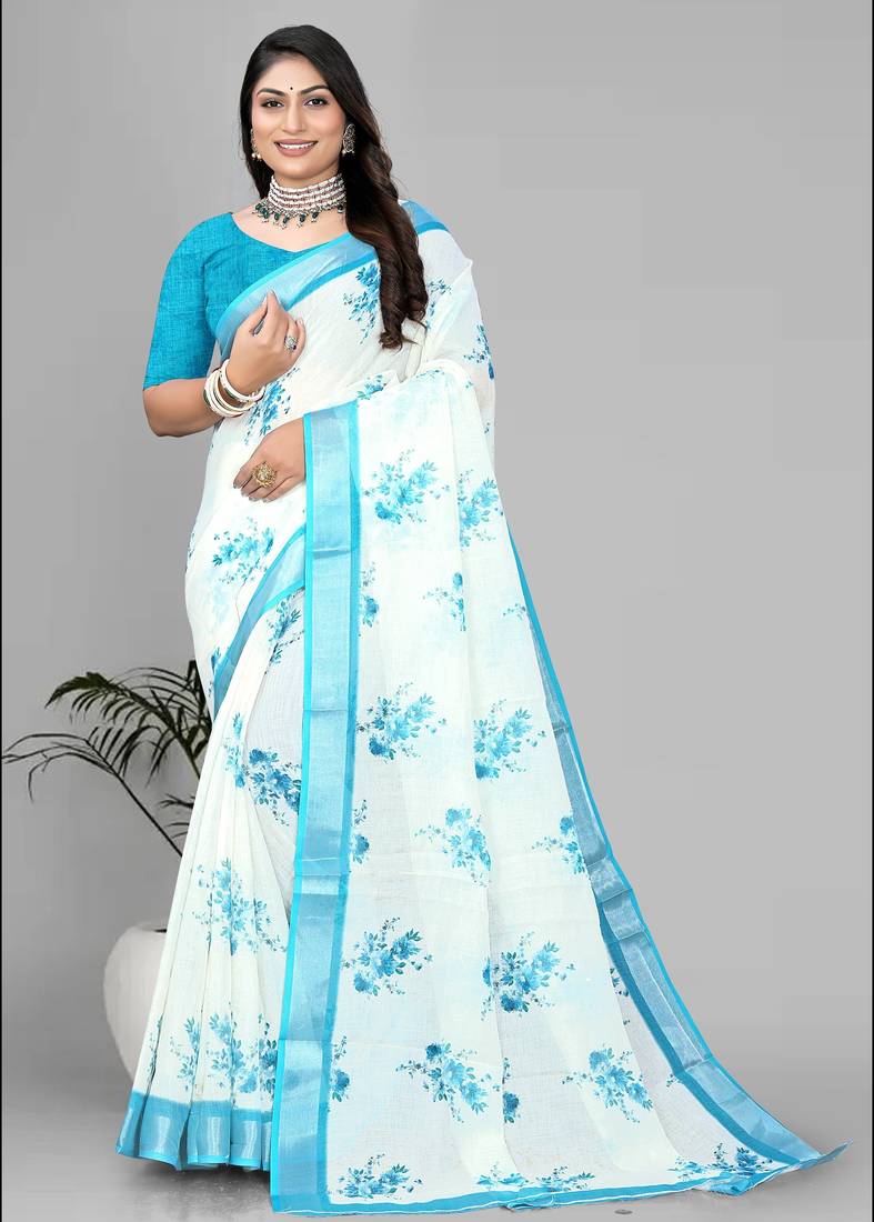white floral linen cotton digital print saree