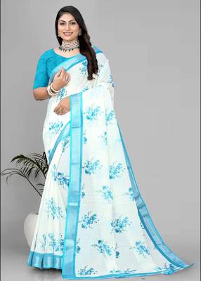 white floral linen cotton digital print saree 2