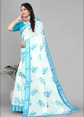white floral linen cotton digital print saree 3