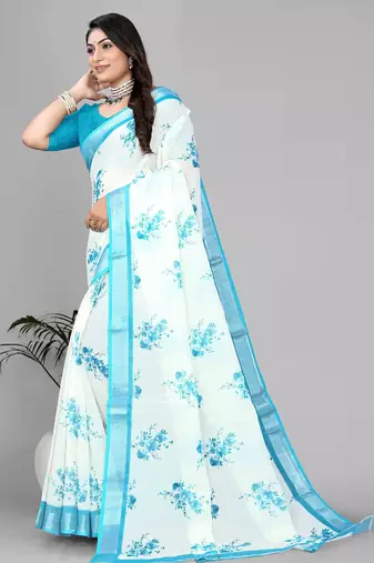 white floral linen cotton digital print saree