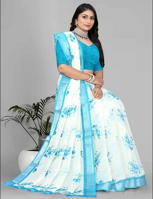 white floral linen cotton digital print saree 4