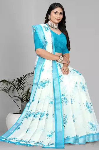 white floral linen cotton digital print saree